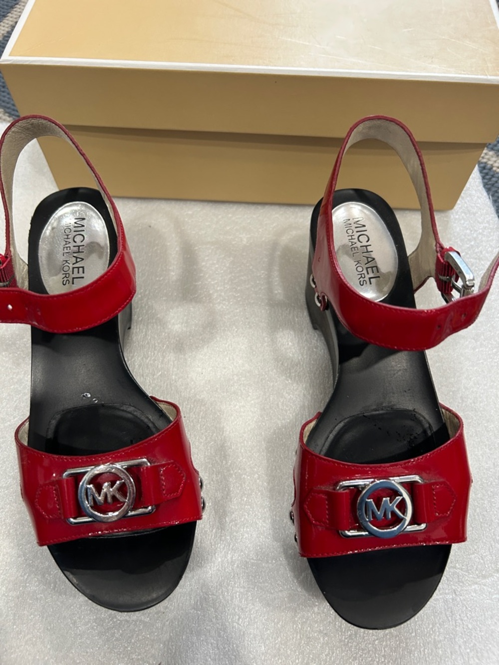 Michael Kors Red Patent Leather MK Logo Slingback Sandals